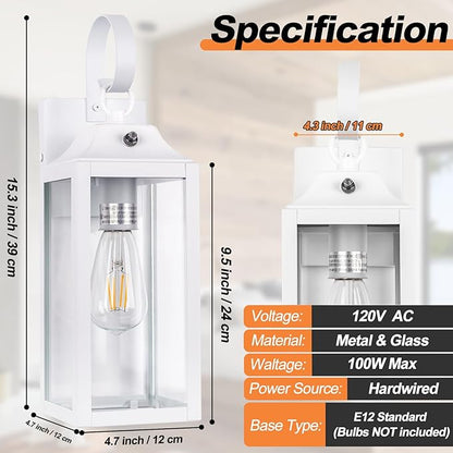 Dusk to Dawn Wall Lights 2 Pack, White Outdoor Light Fixtures, 15 Inch Exterior Wall Sconces Waterproof, Large Outside Lights for House, Modern Wall Lanterns Clear Glass