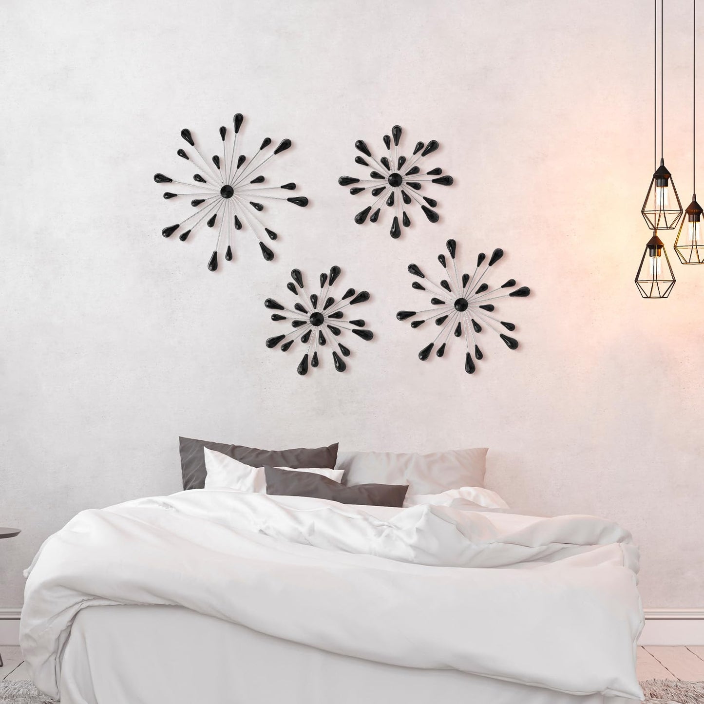Hicarer 4 Pcs Starburst Wall Decor Bling Wall Art Crystal Teardrop 3D Hanging Rhinestone Radial Metal Artwork Modern Accent Sculptures Decorations for Living Room Home Office Bedroom(Black Diamond)
