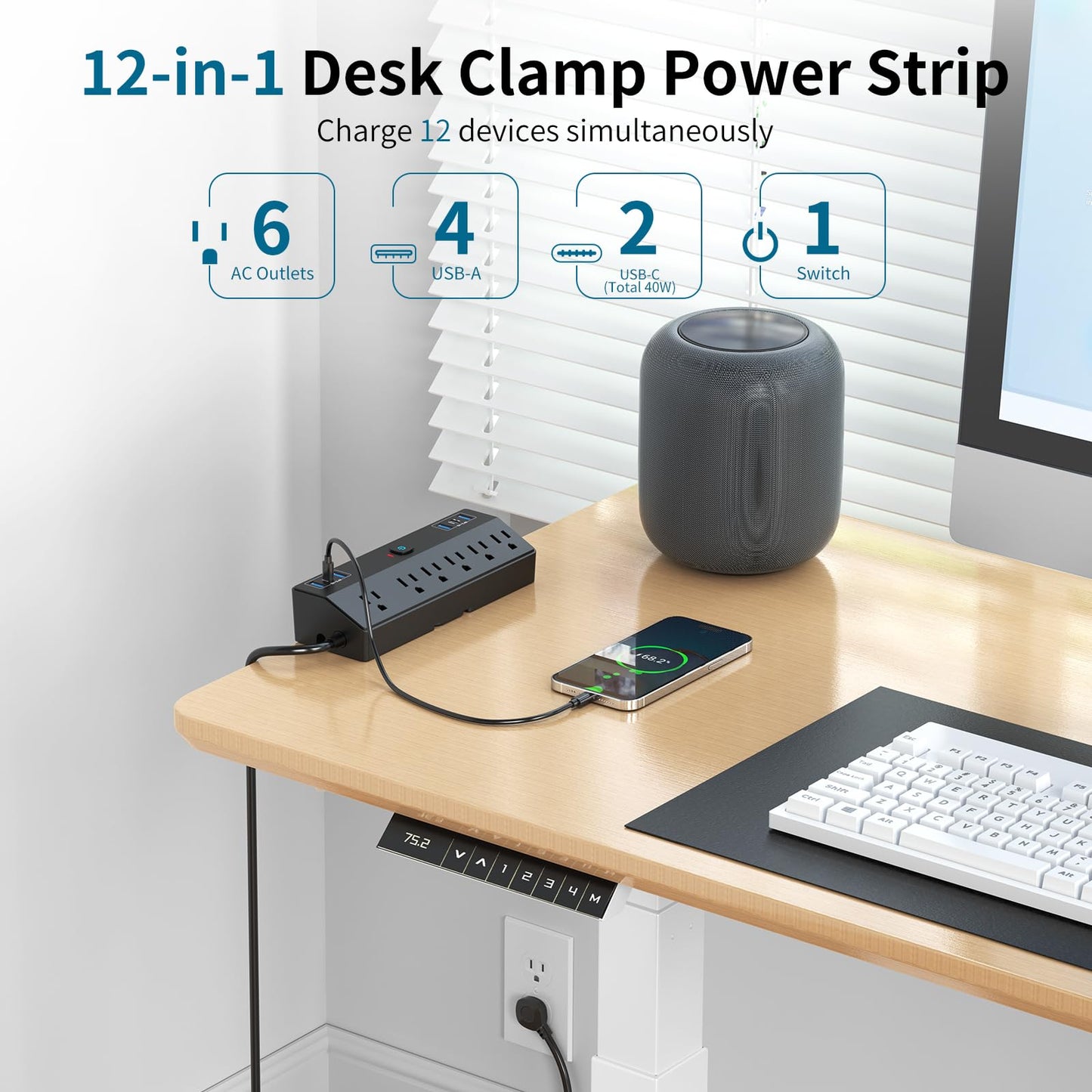 Desk Clamp Power Strip with 40W Fast Charging Station, JXGUCAT 10FT Flat Plug Desk Mount Power Strip Surge Protector, Removable Extension Cord with 2 USB-C Ports 6 Outlets, Fits 1.8" Tabletop Edge