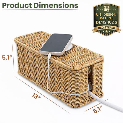 Cable Management Box, Handmade Rattan Cable Organizer with 2 Open Slots, Cord Hider for Power Strip, Router & USB Hub, Registered U.S. Design Patent (D1,112,102), 13" x 5.1" x 5.1", Natural