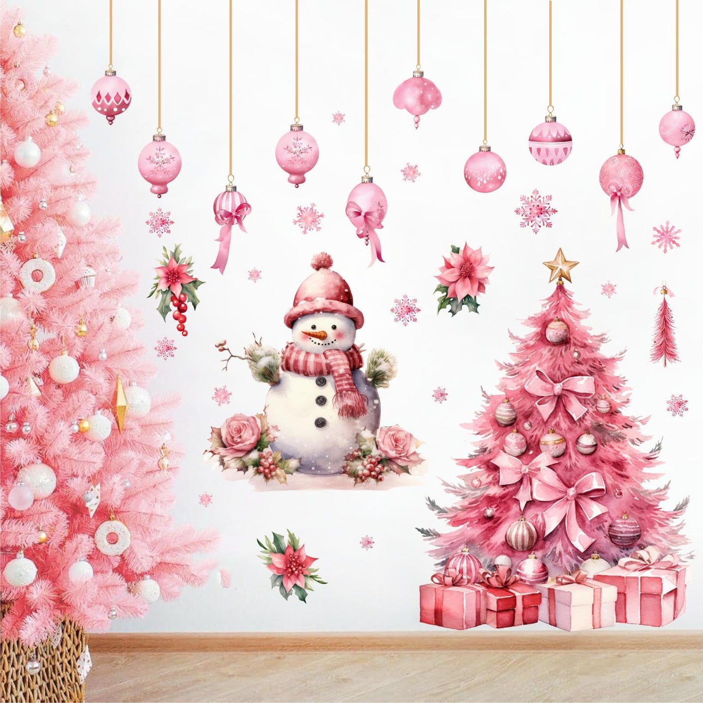 Large Pink Christmas Tree Wall Stickers Christmas Wall Decals Peel and Stick Snowman Stickers for Christmas Home Decor Indoor Hanging Ball Snowflake Art Murals for Living Room Xmas Party Supplies