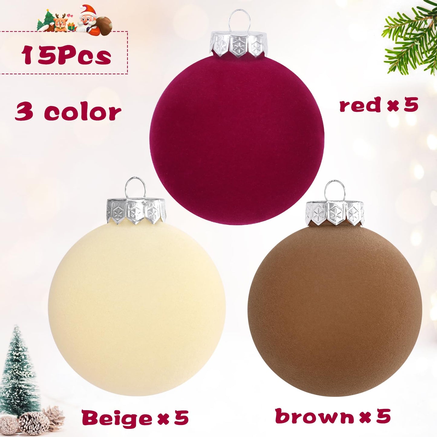 15 Pcs(3.9 In/100 mm) Velvet Christmas Ornaments Balls Set, Brown Red Neutral Christmas Tree Ornaments, Flocked Xmas Tree Balls for Xmas Holiday Party Decorations