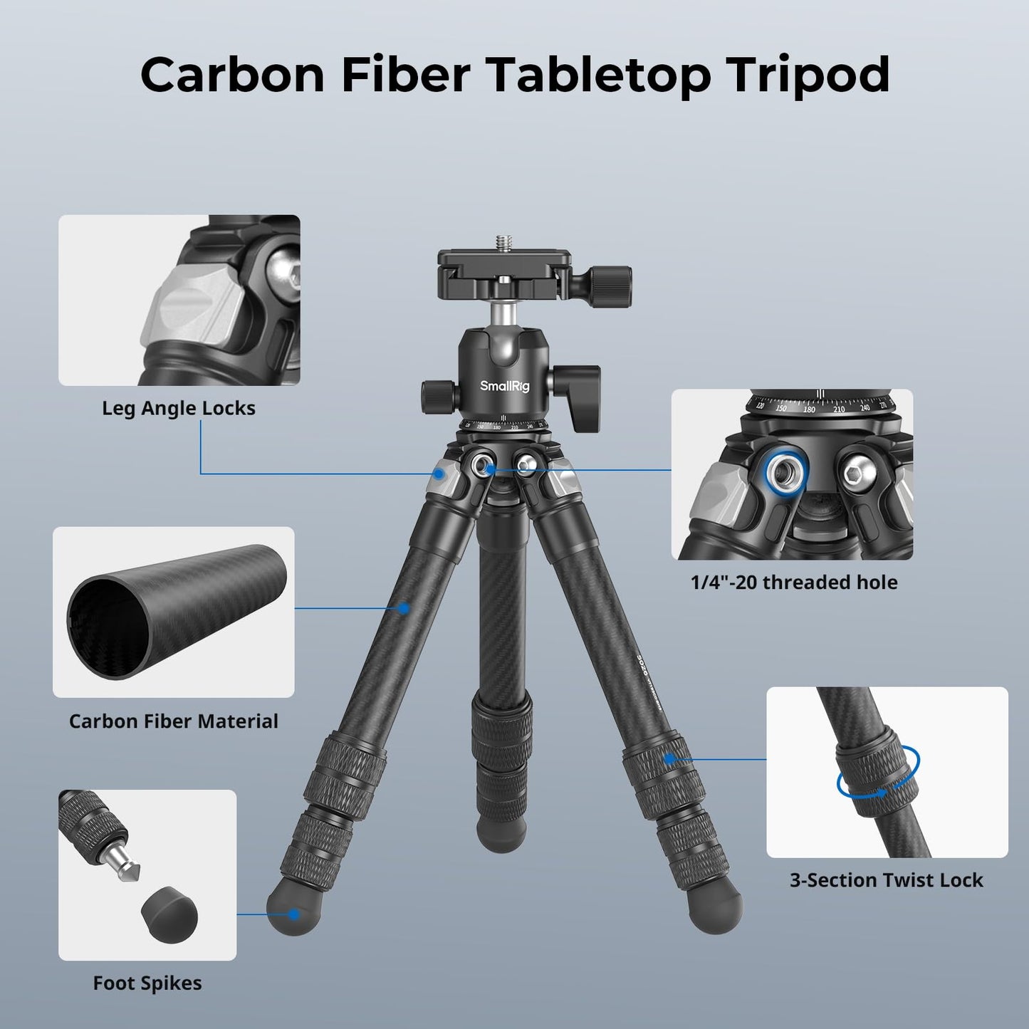 SmallRig Carbon Fiber Mini Desktop Tripod, 15.5'' / 39.5cm Compact Pocket Tabletop Tripod Kit with 360° Ball Head, Built-in QR Plate for Arca, Ball Head Capacity 3kg / 6.6lb for Cameras, DSLRs, Lenses