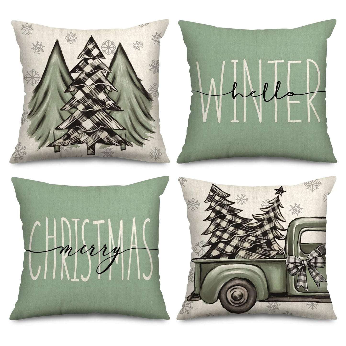 Christmas Throw Pillow Covers Sage Green Christmas Tree Truck Pillow Case Xmas Winter Farmhouse Decorative Cushion Case for Home Office Room Couch Sofa, 18 x 18 Inch, 4 Packs