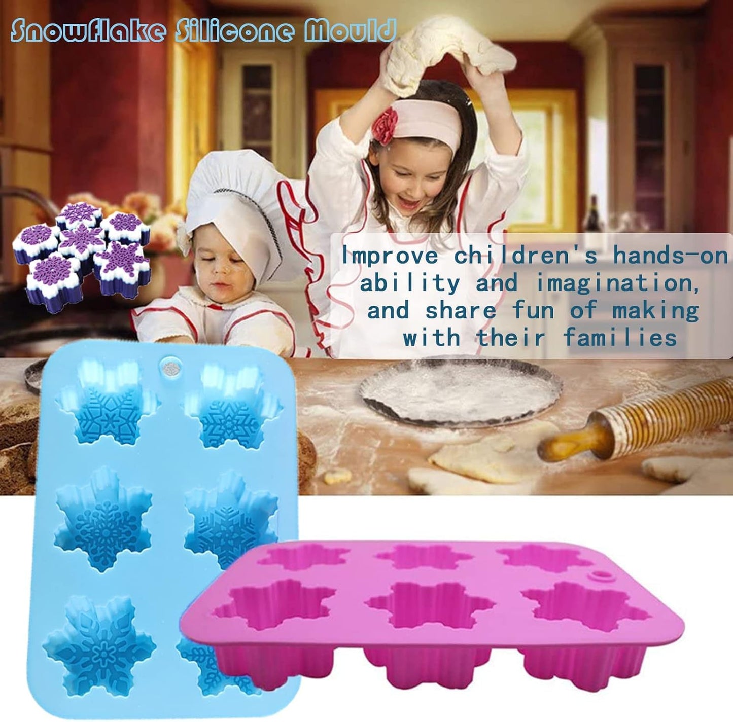 Silicone Snowflake Molds - 2 Pcs Christmas Soap Molds Non-Stick 3D Snowflake Candle Bath Bomb Mold Christmas Baking Tray Cake Cupcake Backing Mold Chocolate Candy (Pink/Blue)