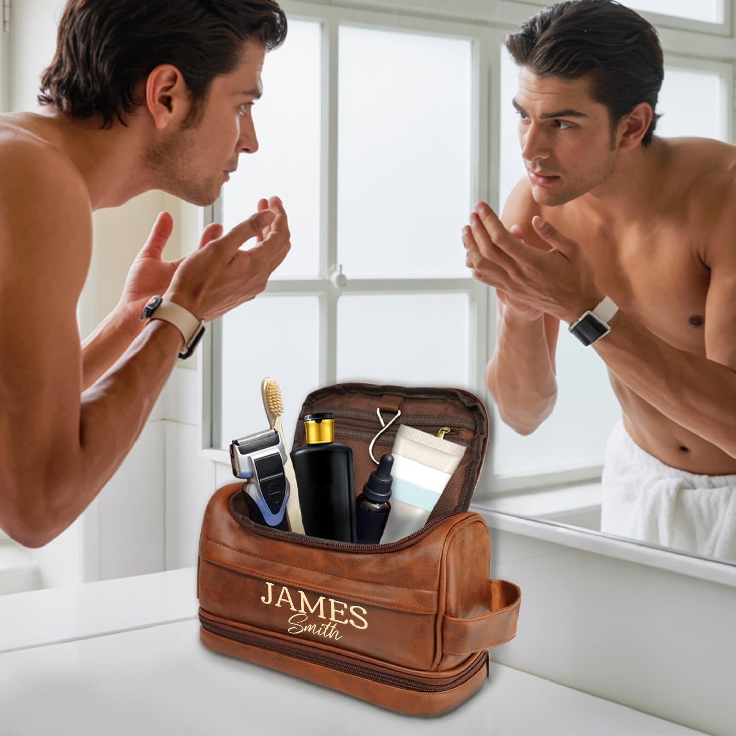 Personalized Toiletry Bag for Men, Father Day Gift for Dad, Graduation Gifts for Men Him, Leather Custom Engraved Travel Shaving Bag, Gift for Birthday, Anniversary, Groomsmen, Boyfriend, Husband