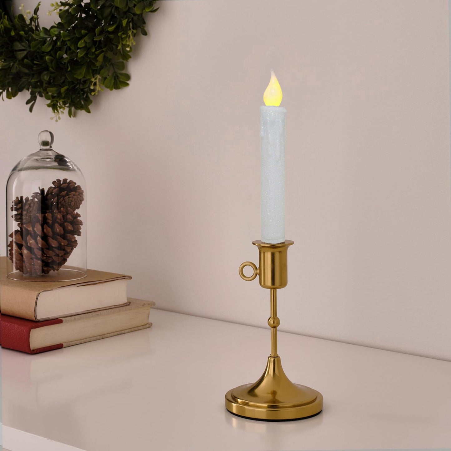CVHOMEDECO. Glitter Flameless Candles Flickering Battery Operated LED Taper Candles with Timer for Home, Wedding, Halloween, Christmas Decor. Glitter White, 6-3/4 Inch, Set of 2