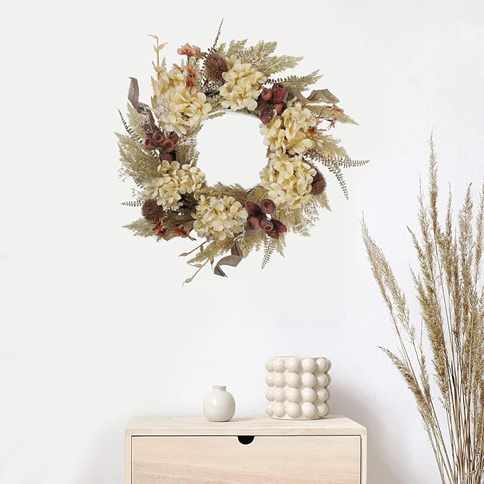 20 Inch Winter Fall Wreaths for Front Door, Boho Front Door Wreath, Fake Dried Hydrangea Flowers, Burlap, Pampas Fall Decorations for Home Farmhouse Front Porch