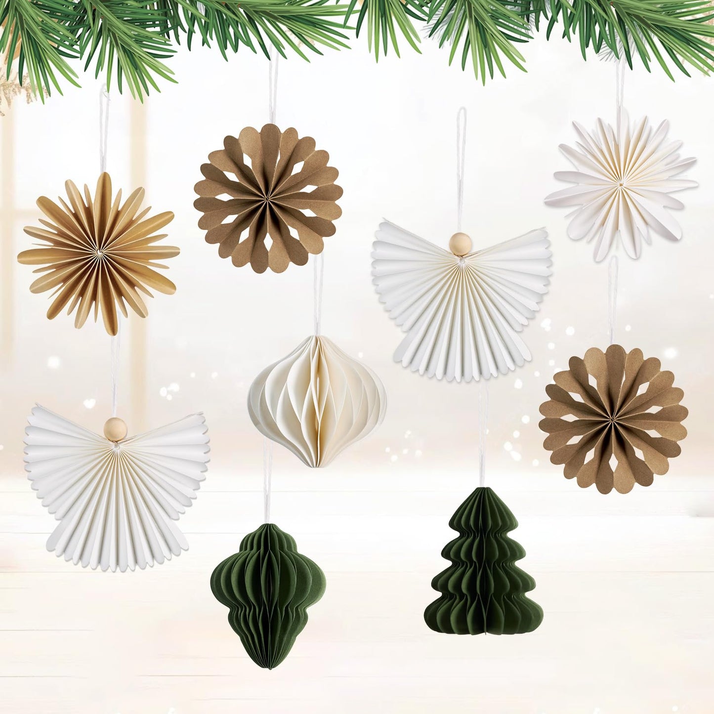 OBBOLO 9 Pcs Mini Paper Christmas Hanging Ornaments, Handcrafted with Carstock, White, Sage Green and Brown Decorative Paper Christmas Tree Ornament, for Xmas Holiday Party Home Tree Decor