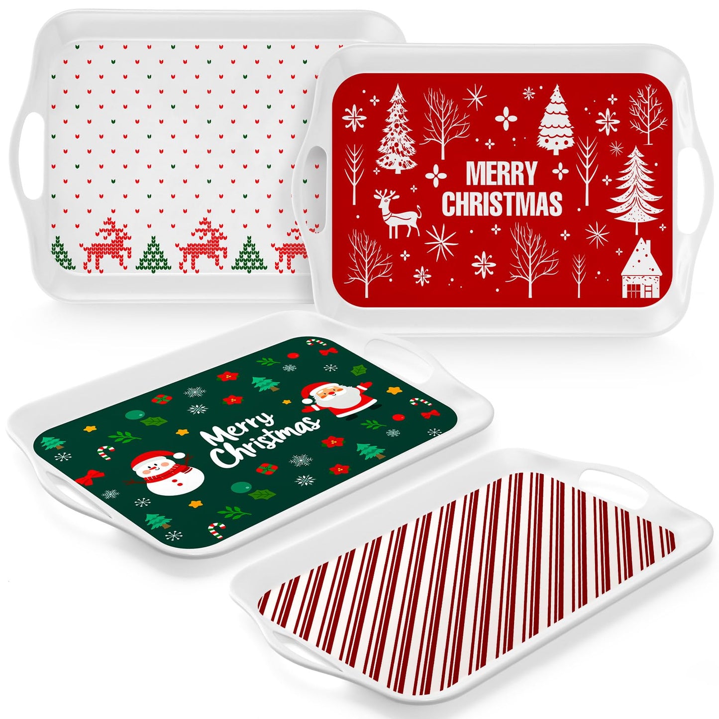 Bokon 4 Pcs Christmas Serving Trays with Handles 16"x 11" Large Christmas Platters Serving Dish Rectangular Xmas Tree Winter Holiday Food Tray for Snack Cookie Candy Dessert Plate Party(Classic Xmas)