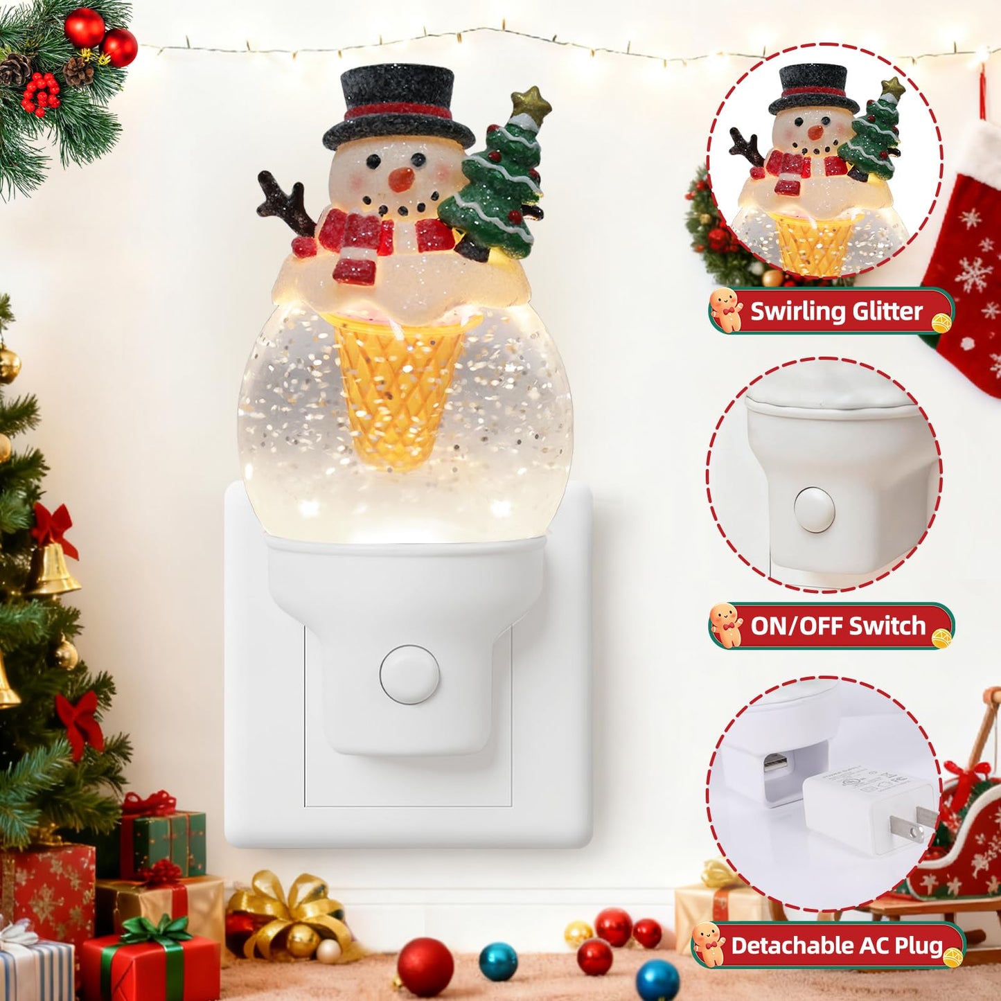 Yuxelulmai Christmas Snowman Night Light Plug into Wall Swirling Glitter USB Portable Christmas Decorative Night Light Decoration for Bedroom Kitchen Living Room Holiday Decor (Snowman Cookie Cone)