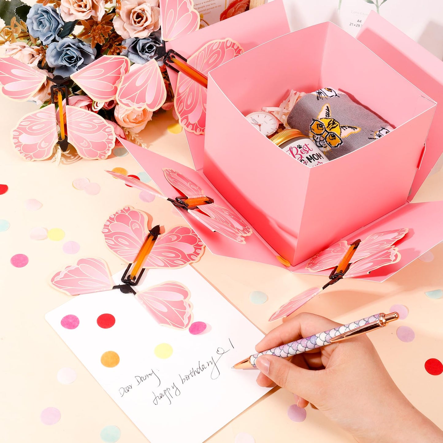 XLSXEXCL Butterfly Explosion Cardboard Gift Box, Flying Butterfly Surprise Box for Birthday, Wedding, Anniversaries, Christmas (Pink)