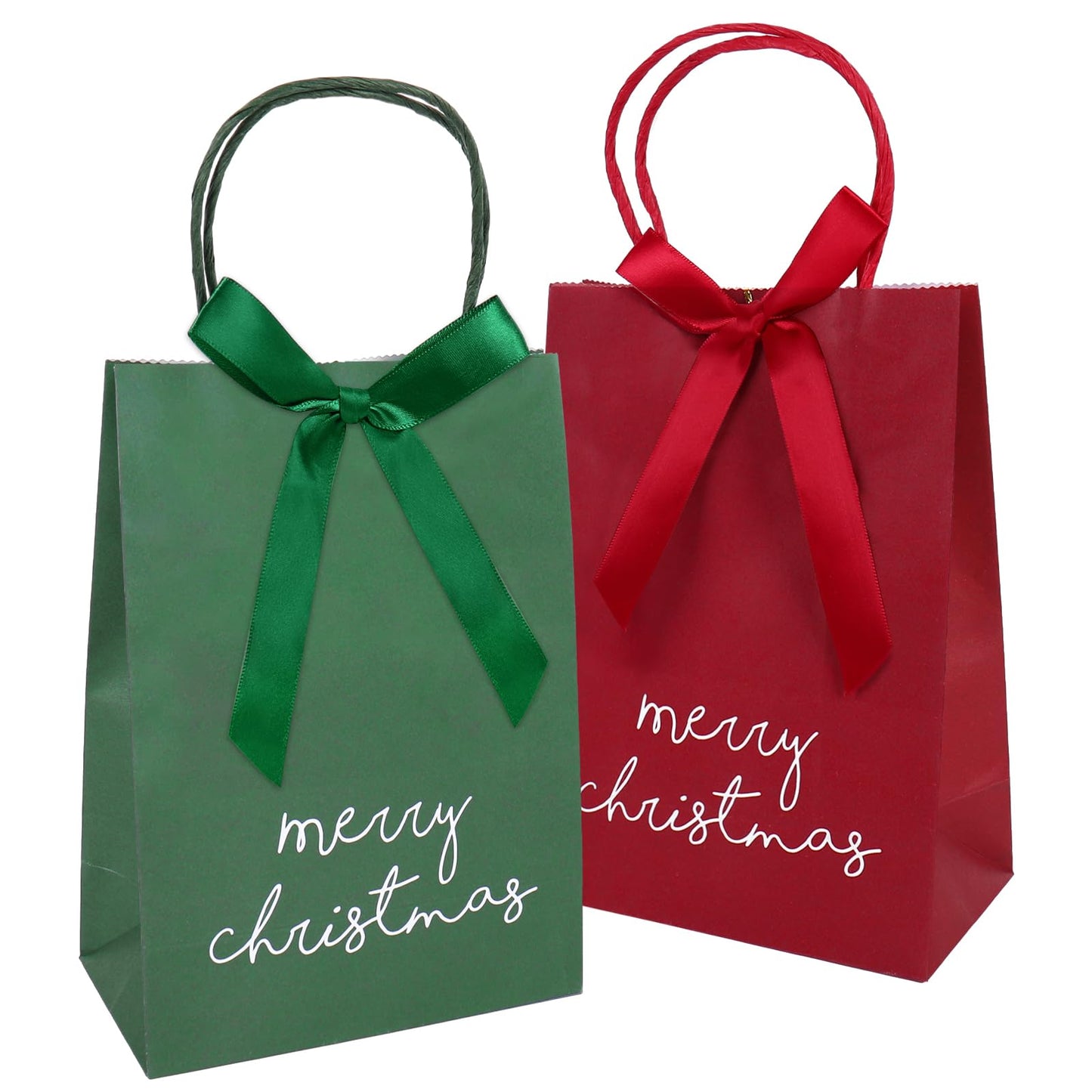 JarThenaAMCS 48Pcs Merry Christmas Kraft Paper Gift Bag with Bow Red Green Treat Bags with Handles Candy Goodie Bags for Winter Xmas Holiday Birthday Wedding Party Favors Supplies