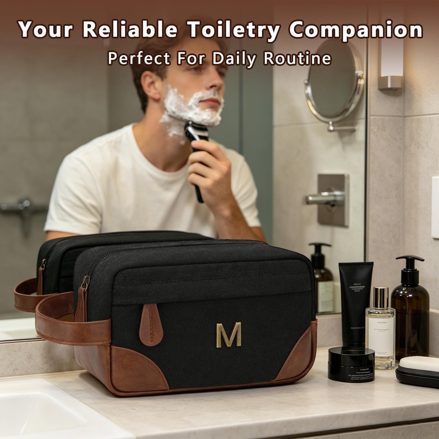 CLOUDWINGS Personalized Gifts for Men Dad - Initial Travel Toiletry Bag Hanging Dopp Kit, Waterproof Shaving Bag with Large Capacity, Fathers Day Birthday Gifts for Him Dad Husband Boyfriend (M)