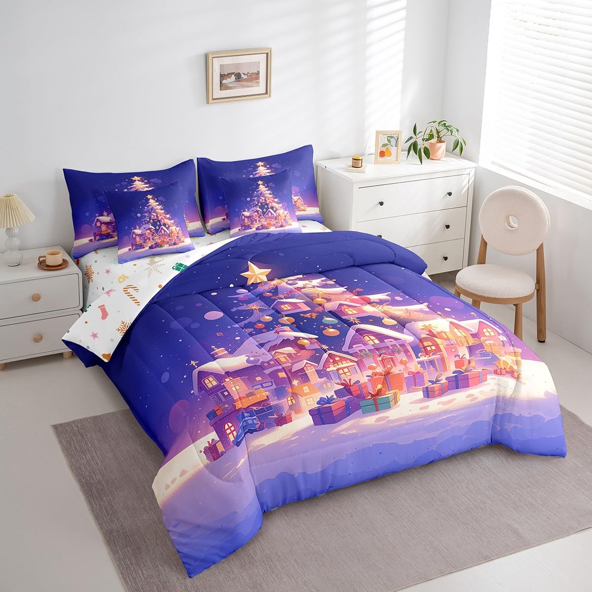 Manfei Merry Christmas 7 Pieces Comforter Set Full,Rustic Cabins Xmas Tree Gift Bedding Set for Bedroom Decor,Snow Winter Outdoor（Comforter+Fitted+Flat Sheet+2 Pillowcases+2 Throw Pillow Covers）