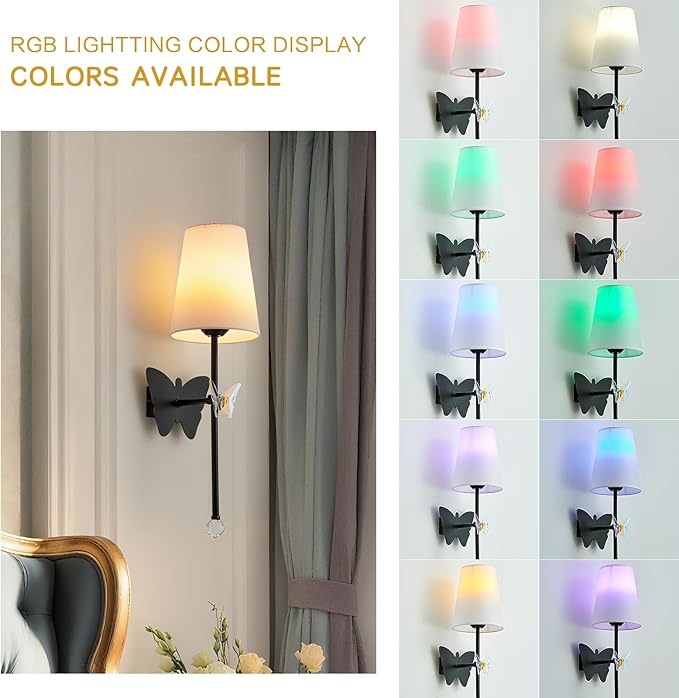 Battery Operated Wall Sconces Set of 2,Rechargeable Wall Lights with Butterfly Crystal Decorative Sconces,Cordless Battery Sconce Indoor Wall Lamps for Bedroom Living Room Hallway Stairs Black