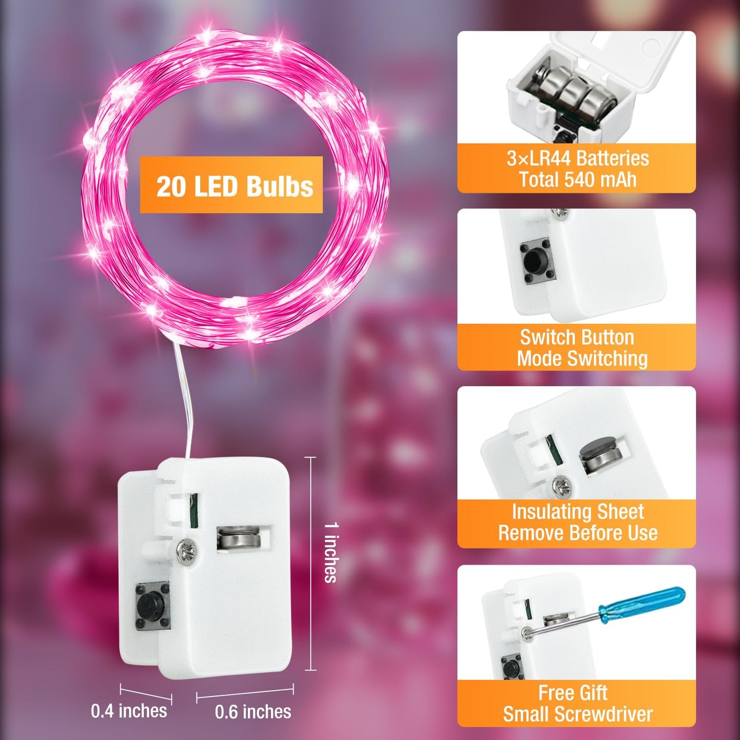 12 Pack Fairy Lights Battery Operated - 7ft 20 Led Twinkle Lights 3 Modes, Bulk Mini String Lights Waterproof for Mason Jars Vases DIY Party Wedding Decoration Valentines Day - Pink