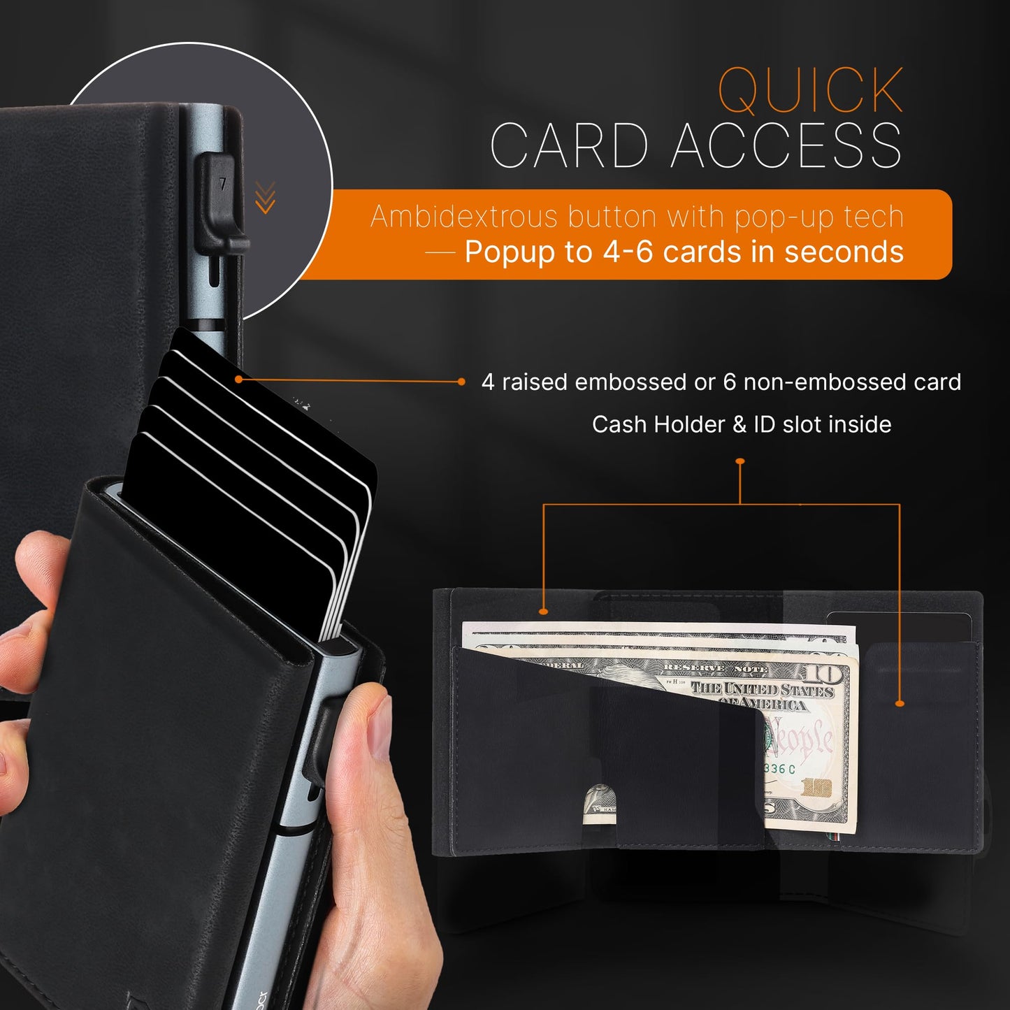 Conceal Plus Card Blocr Pop Up Wallet for Men - Slim Metal RFID Blocking Card Holder (4-6 Cards Ejector) - Minimalist Smart Front Pocket Wallet with Internal Cash + ID Storage