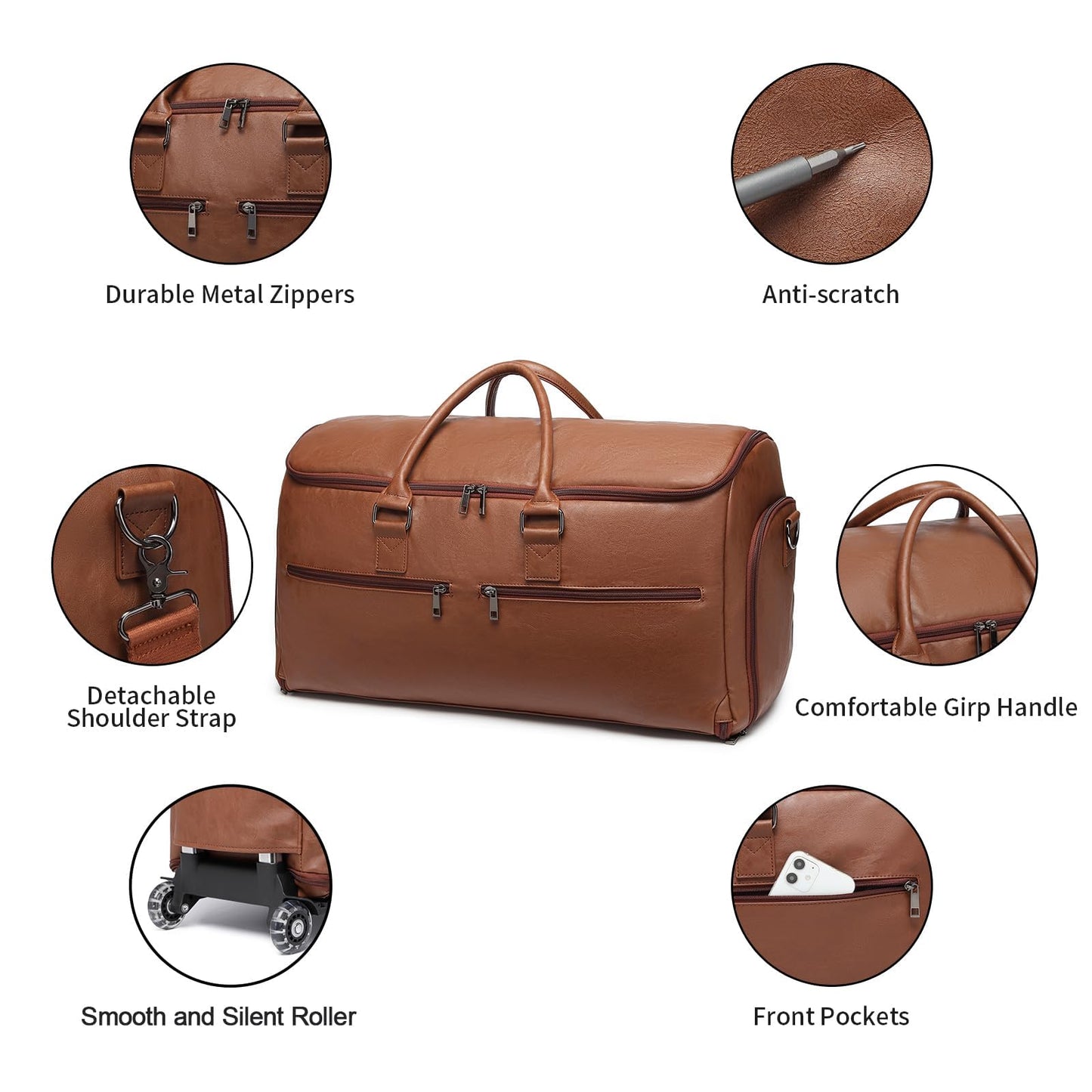Seyfocnia Rolling Garment Bag With Wheels - Overnight Carry On Suitcase With Shoe Compartment - Convertible Duffle Bag for Travel - Brown