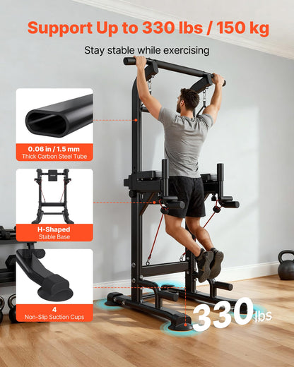VEVOR Pull Up Bar, 330 LBS Power Tower Dip Station, Workout Dip Station with H-Shaped Stable Base & Back Pad, Adjustable 12 Level Height Free Standing Chin Up Bar for Back, 4-Level Adjustable Back Pad