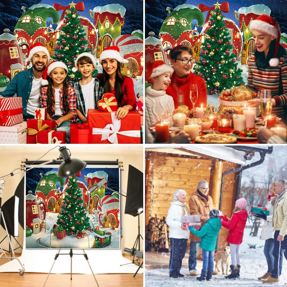 Cartoon Christmas Village Photography Backdrop Winter Snow Pine Tree Background Xmas Fairy Tale Animated Kid Party Photo Booth Banner Supplies (10x8)