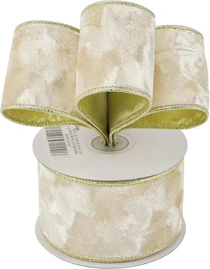 MEEDEE Ivory Velvet Ribbon with Gold Back 2.5 inch 10 Yards Double Sided Christmas Wired Ribbon for Christmas Tree Decoration, Baskets, Wreaths, Holiday Projects, Wedding Decor and Accents