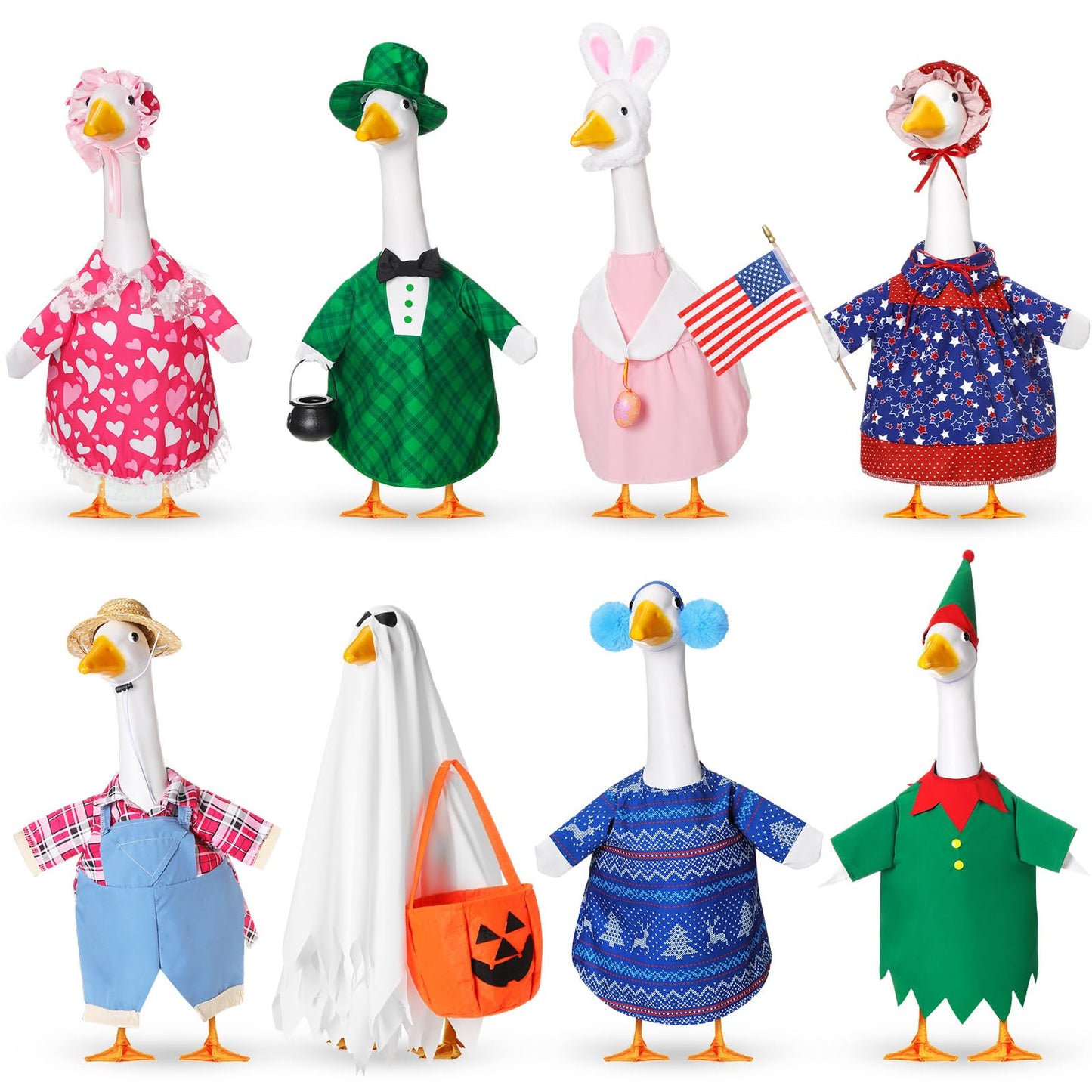 Silicherry 8 Set Holiday Porch Goose Outfits for 23" Summer Fall Halloween Ghost Thanksgiving Christmas All Season Bundle Cement Goose Clothes Costume for Lawn Garden Patio Outdoor Decor