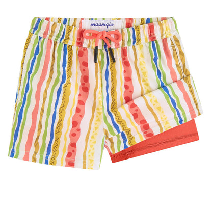 maamgic Boys Swim Trunks with Compression Liner Toddler Stretch Swim Shorts Quick Dry Swimming Trunks Boxer Brief 2 in 1 Beach Shorts Playful Stripes 14/16