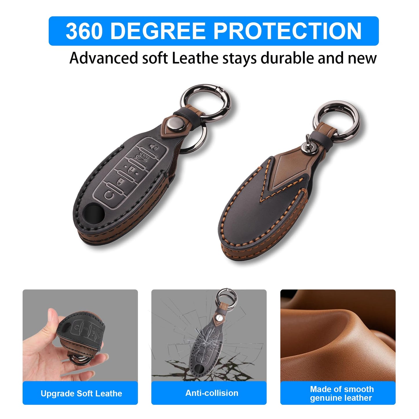 QBUC for Nissan Genuine Leather Key Fob Cover Protective Case with Keychain for Rogue Pathfinder Murano Armada Frontier Sentra Altima Versa Titan Maxima Titan Xterra 5-Buttons(Black Leather)