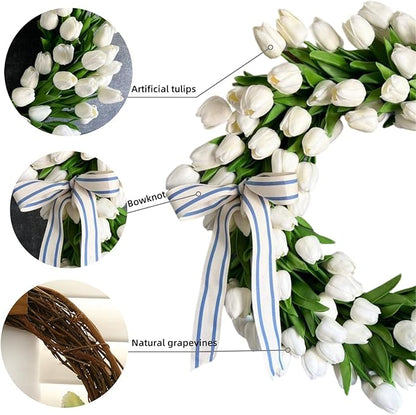 Spring Wreaths for Front Door, 16 Inch Summer Garland with White Tulips, Artificial Tulip Wreath for Farmhouse Home Wall Indoor Outdoor Window Decor