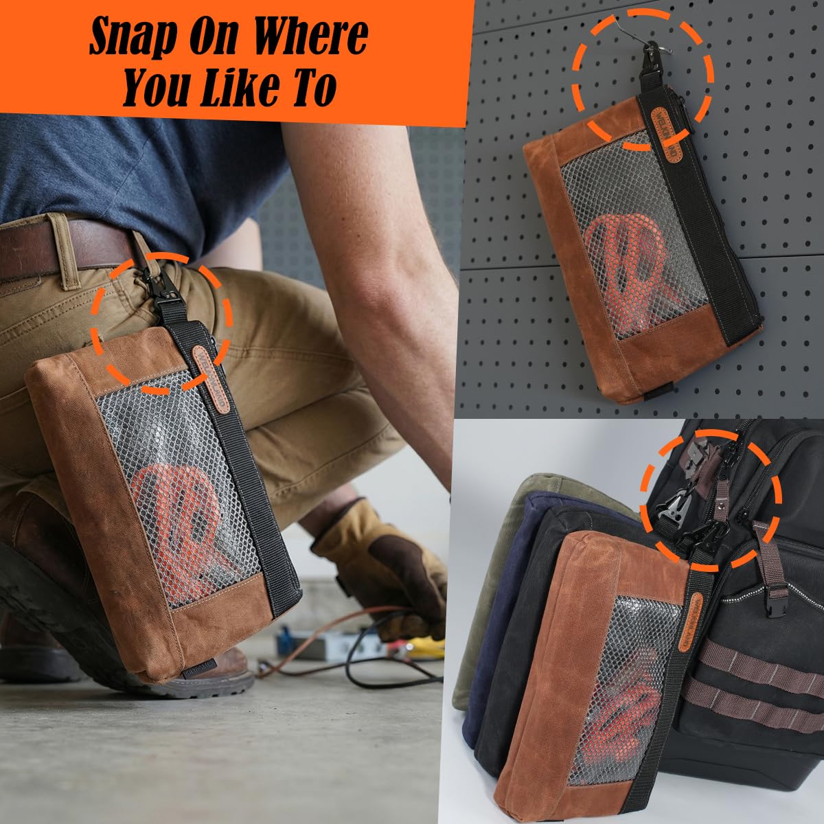 WELKINLAND 4 Piece-Pack Clear Tool Pouch, 12-Inch Tool Pouches, Heavy-Duty Waxed Canvas Zippered Tool Pouch, See-Thru Tool Pouches With Zipper, 4-Color Small Tool Bag