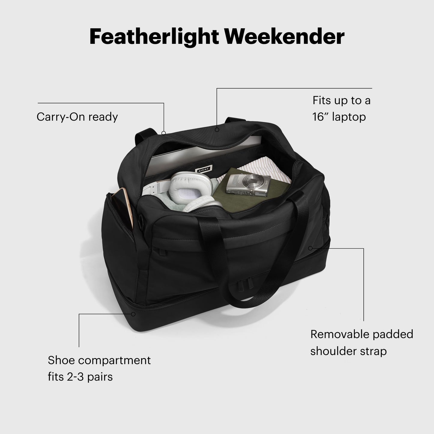 Away Featherlight Weekender Bag, 44L Carry On Travel Duffel with Laptop Sleeve and Shoe Compartment, Jet Black