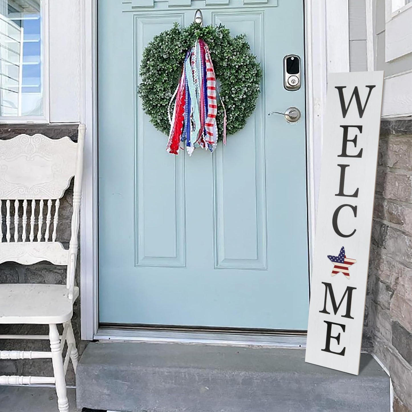 Interchangeable Welcome Sign for Front Porch- 45"X9" Large Standing/Hanging Wooden Sign with 12 PCS Replaceable Icons for 4th of July Fall Halloween Porch Wall Yard Decorations (White)