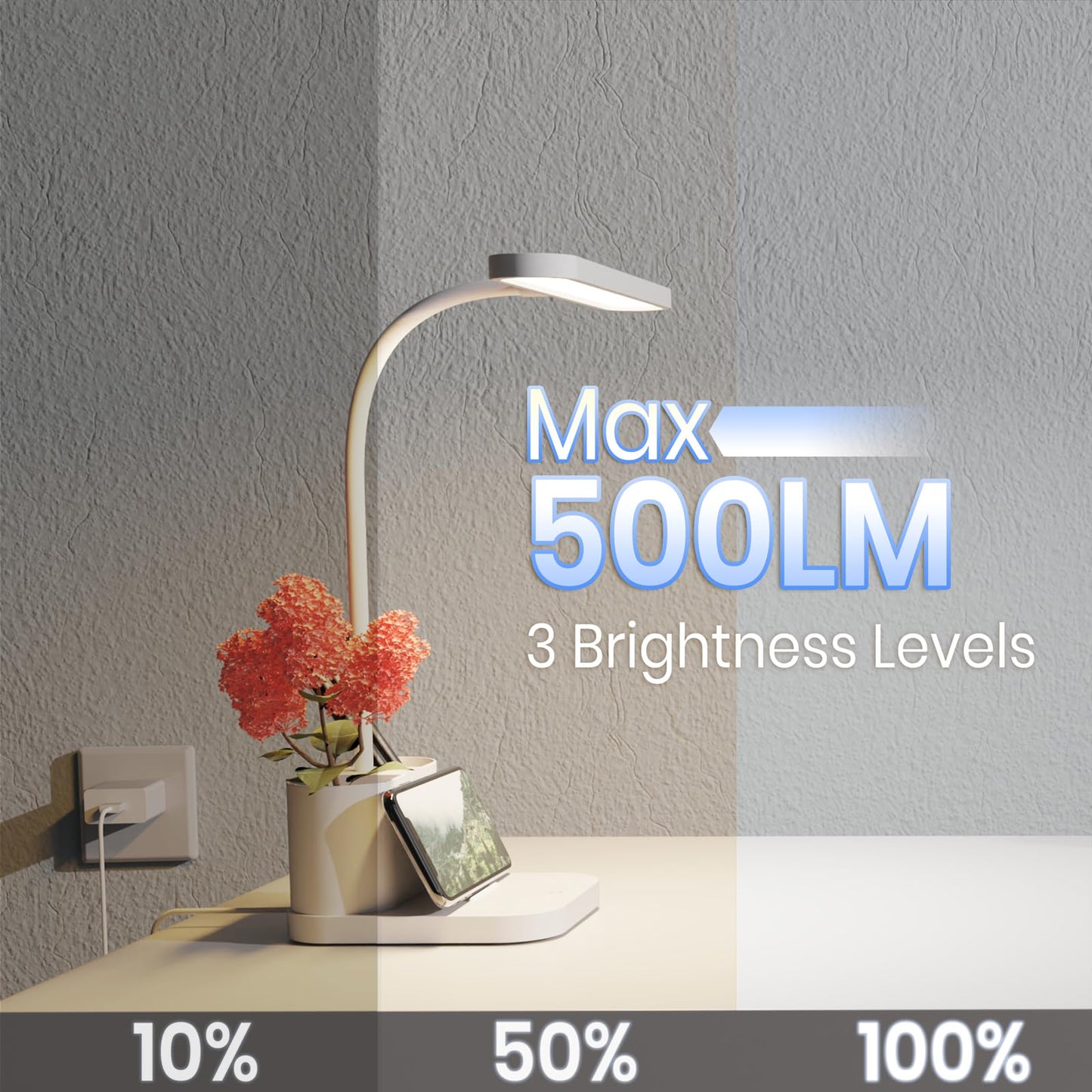 AXX White Desk Lamp for College Dorm Room, Cute, LED, Dimmable, Small, Pen Holder, Flexible Gooseneck, Touch Control, Table Lights for Home Office Bedrooms, School Essentials for Girls Guys