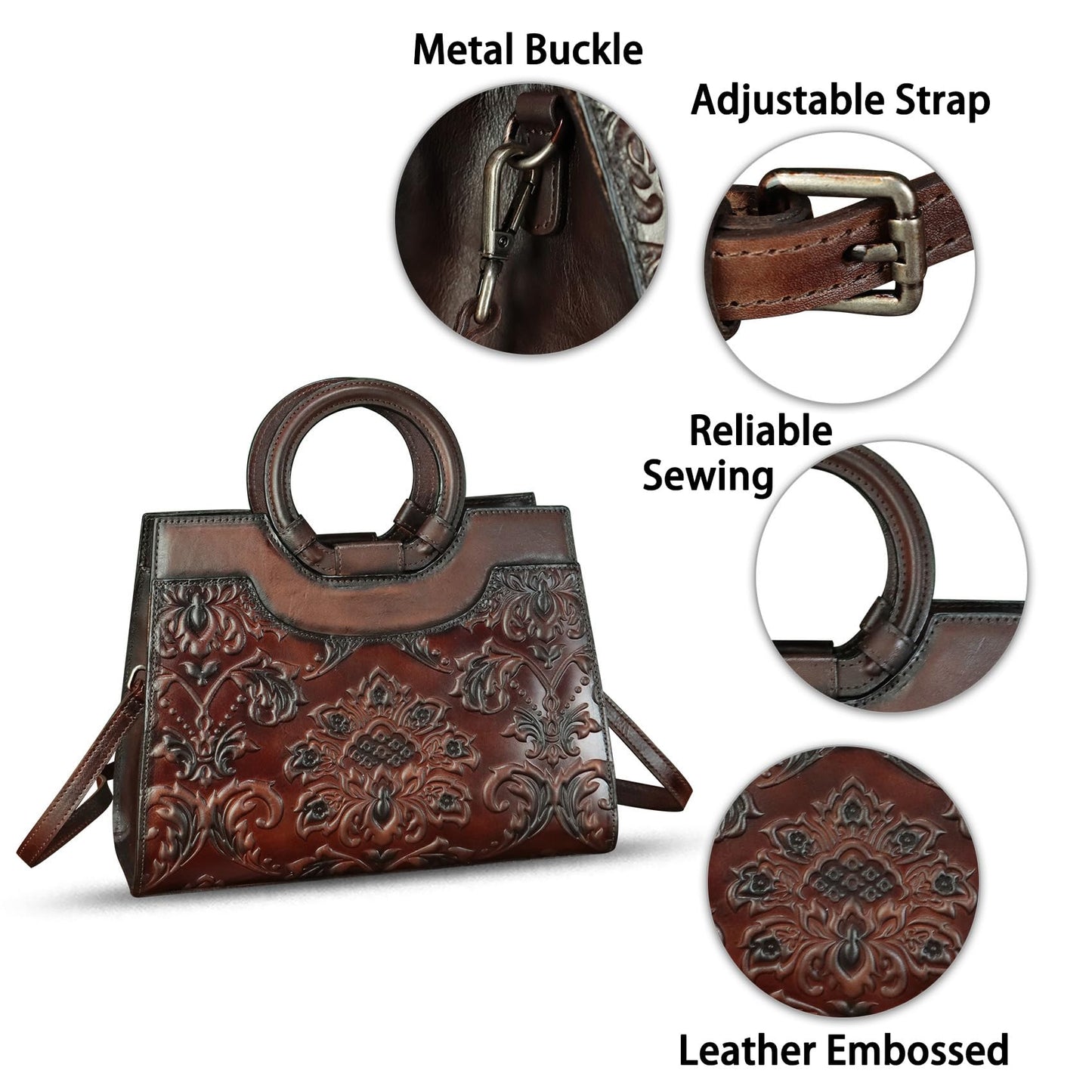 Genuine Leather Purses and Handbags for Women Vintage Embossed Leather Crossbody Shoulder Bag Satchel Top Handle Bags (Coffee)
