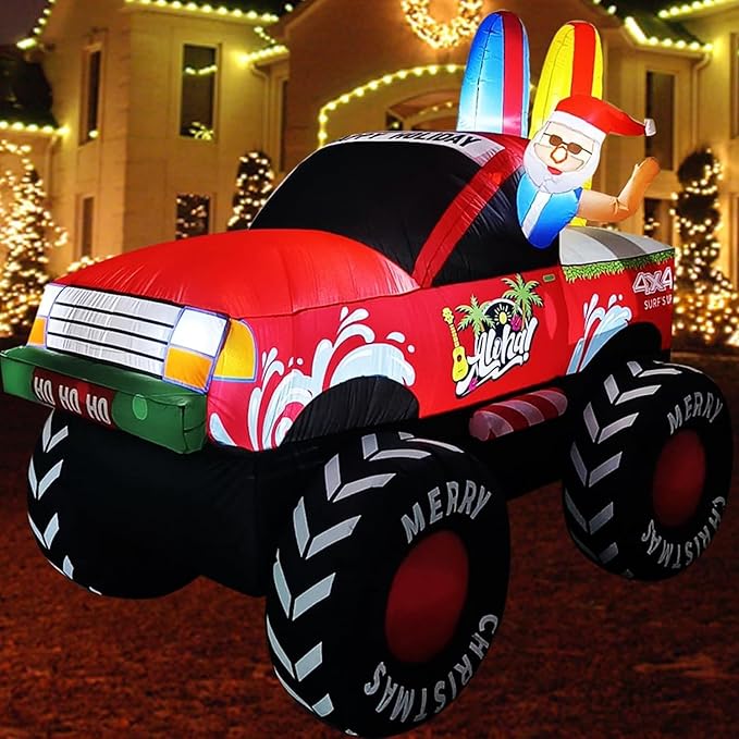7FT Long Christmas Inflatables Monster Truck Outdoor Decorations, Xmas Blow up Santa Driving Monster Truck, Inflatable Outside Decor for Yard Garden Lawn Party Indoor Home