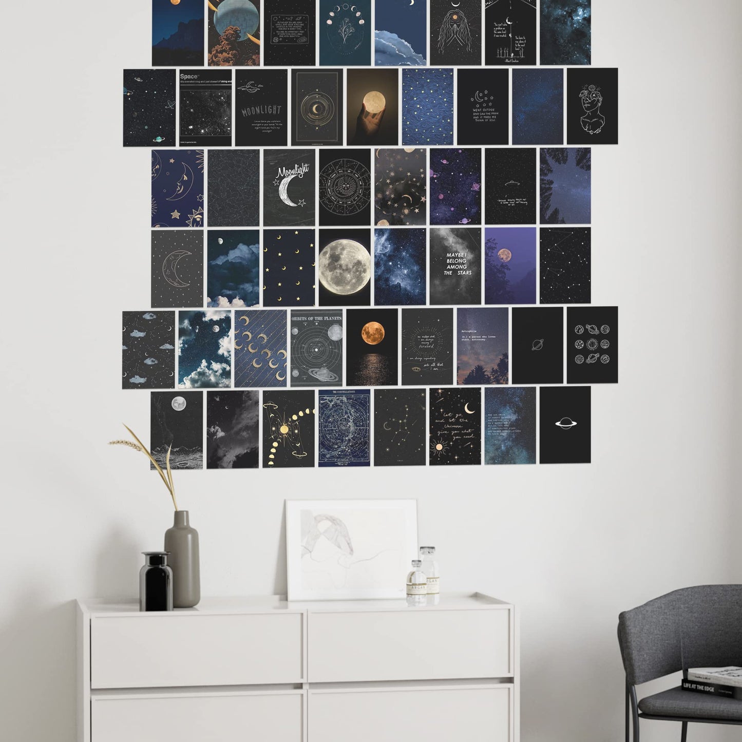 wall67 Astronomy Wall Collage Kit Aesthetic Pictures, Moon Stars Photo Collage Kit Dorm Room Decor for Teen Boy Girl, Moonlight Aesthetic Room Decor Photo Collection for Bedroom (50pcs 4x6 inch)