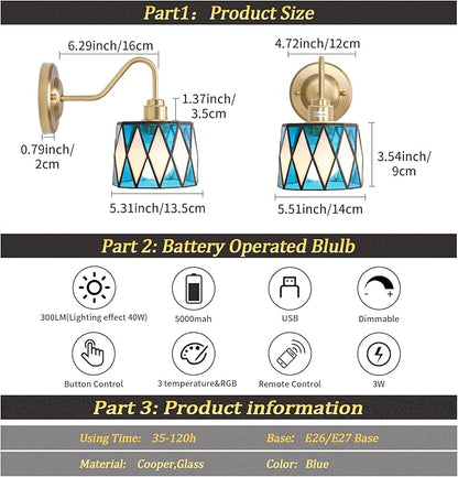 Vintage Battery Operated Wall Sconce Set of 2, 5000mAh Rechargeable Wall Lamp 12 RGB Colors Dimmable, Gold Lights Fixture for Bedroom Bathroom Living Room Hallway Blue Checker
