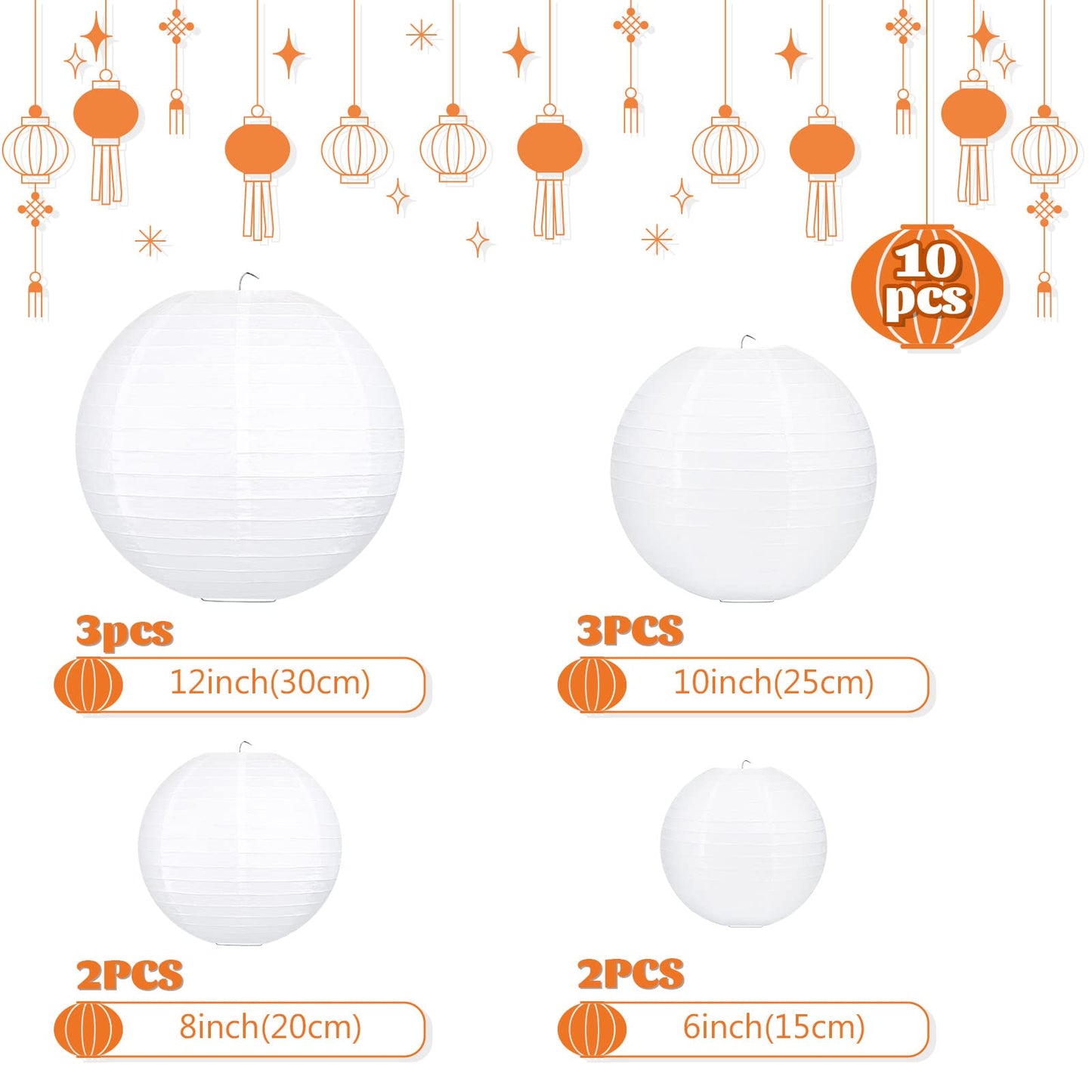 White Hanging Paper Lanterns, Round Chinese Paper Lanterns, Party Wedding Anniversary Decorations, 4 Size - 10 Pieces