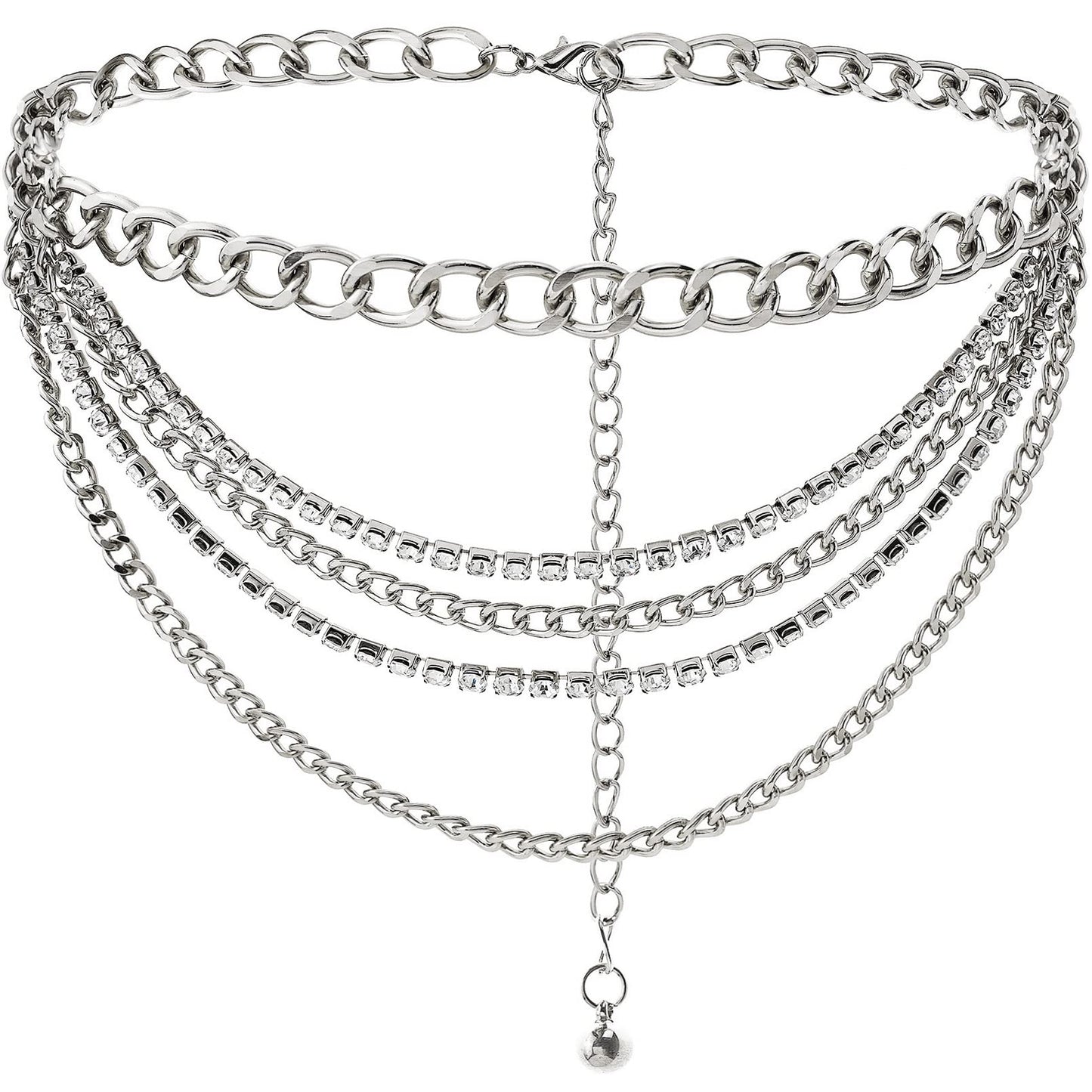 Suyi Multilayer Chain Belt Rhinestone Metal Chain Belts for Women Punk Gold Waist Chain Plus Size 150CM Silver