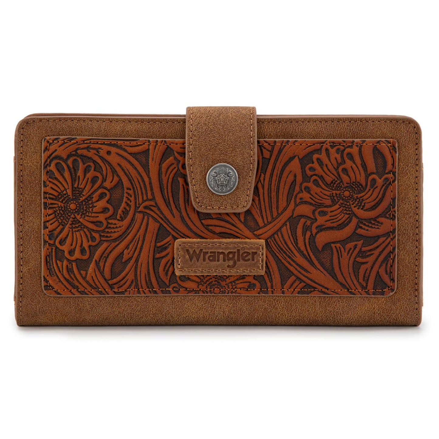 Montana West X Wrangler Brown Wallet for Women Tooling Flower Wallets, Card Cases & Money Organizers Large Capacity Bifold Clutch Wallet Ladies Female Western Phone Cash Wallets with ID Window