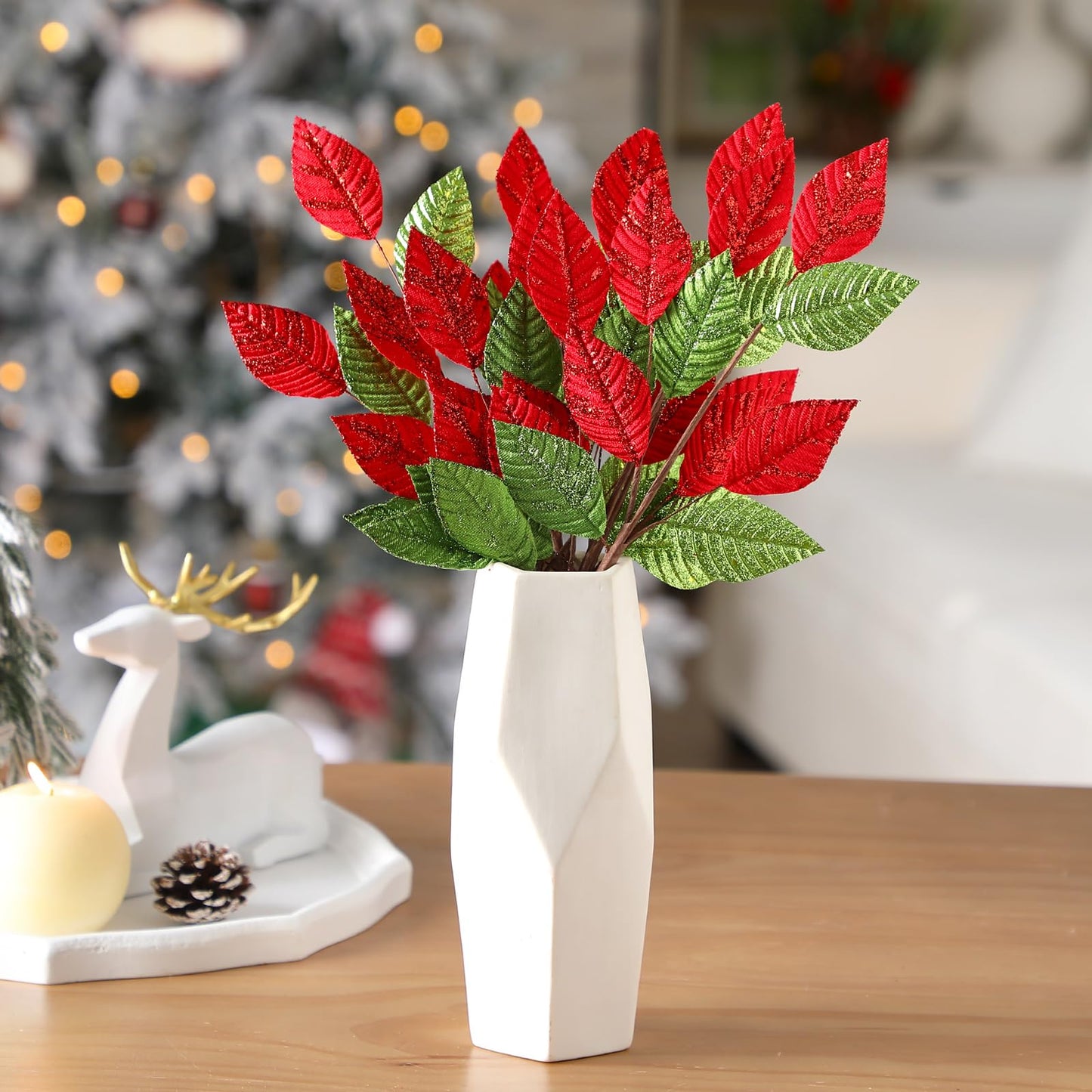 Chuangdi 6 Pcs Glitter Red Green Floral Picks Sprays Artificial Christmas Pick and Spray 14" Xmas Tree Topper Spray Christmas Leaf Stem for DIY Wreath Centerpieces Swag Garland Xmas Tree Decoration