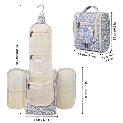 Narwey Small Hanging Toiletry Bag Women Travel Makeup Bag Organizer Toiletries Bag for Travel Size Essentials Accessories Cosmetics (Medium, Blue Leaf)