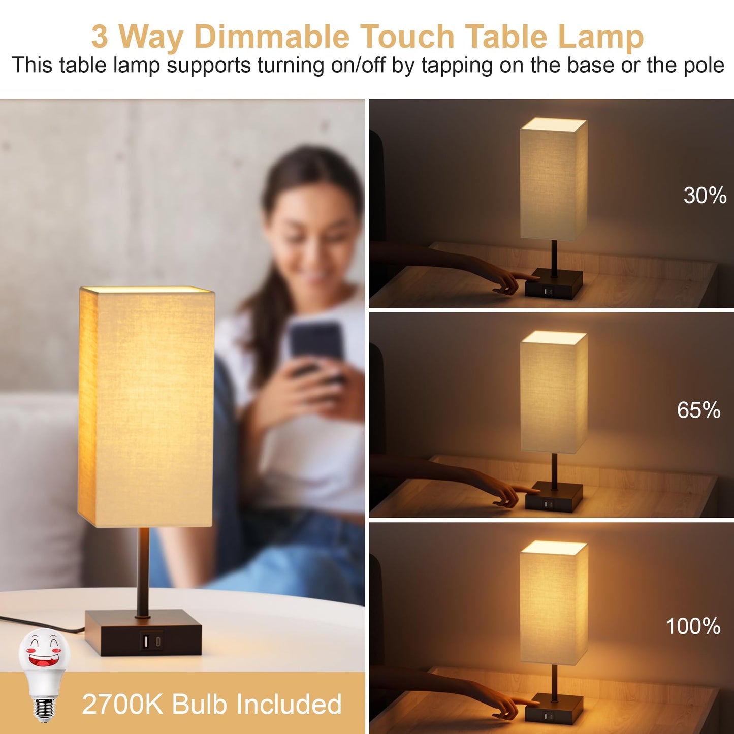 Sailstar Bedside Lamps, Table Lamp with USB C+A Charging Ports, 3 Way Dimmable Touch Control, Small Nightstand Lamps for Bedroom, Home Decor, Living Room, LED Bulbs Included, Upgraded Beige