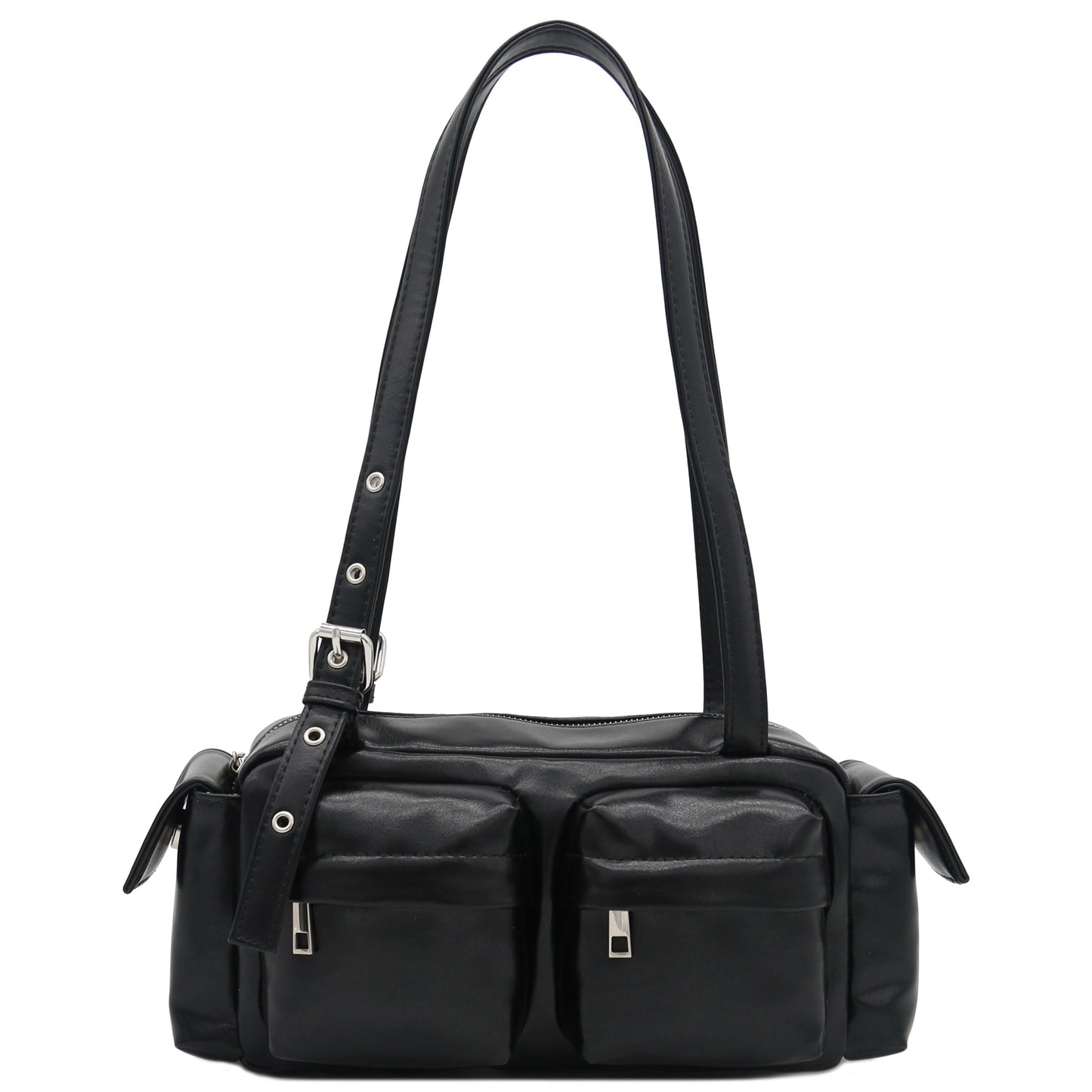 FashionPuzzle Glossy PU Leather Multi Pocket Shoulder Bag Satchel (Black)
