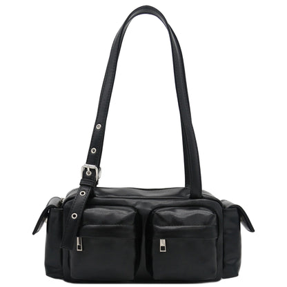 FashionPuzzle Glossy PU Leather Multi Pocket Shoulder Bag Satchel (Black)