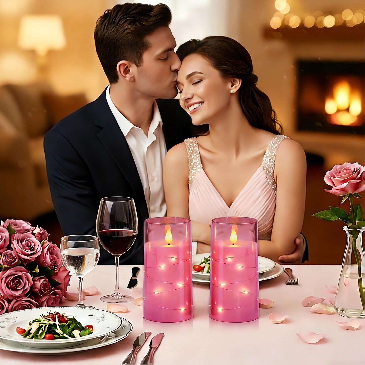 Homemory Flameless Pink Candles with Embedded Star String Fairy Lights, Battery Operated Candles, LED Candle, Fake Candles with Remote Control and Timer, Set of 2(H 6" 6")