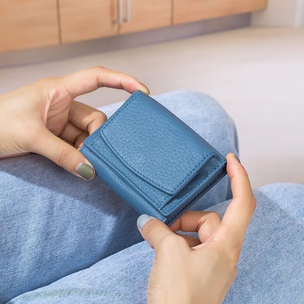 Mudono Small Wallet for Women Genuine Leather RFID Blocking Card Holder Minimalist Tri-fold Cash Wallet with Snap Coin Pouch