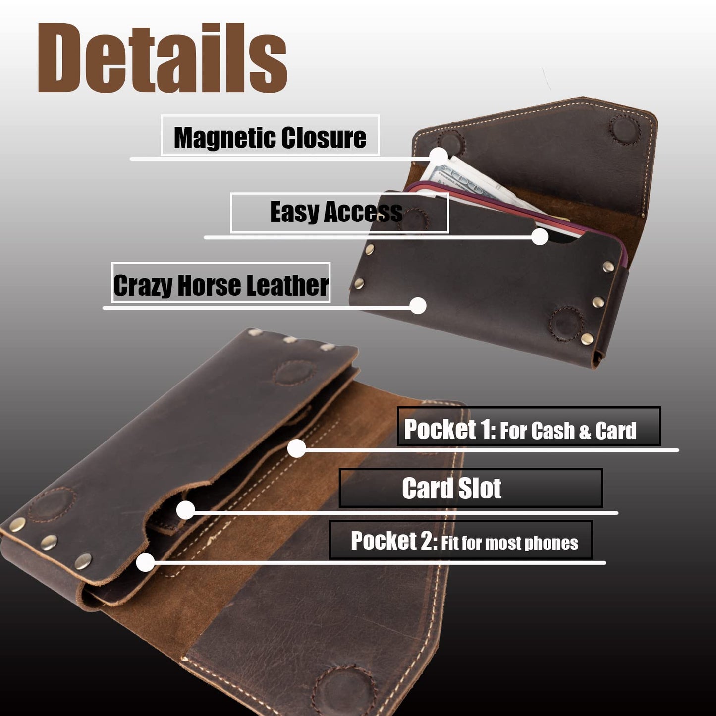Topstache Leather Phone Holster for iPhone 17/16/15 Pro Max, Galaxy S25/S24 Ultra - Belt Loop Cell Phone Case - Leather Card Holder Wallet Belt Pouch - Fit Protective Case on, XL,Darkbrown