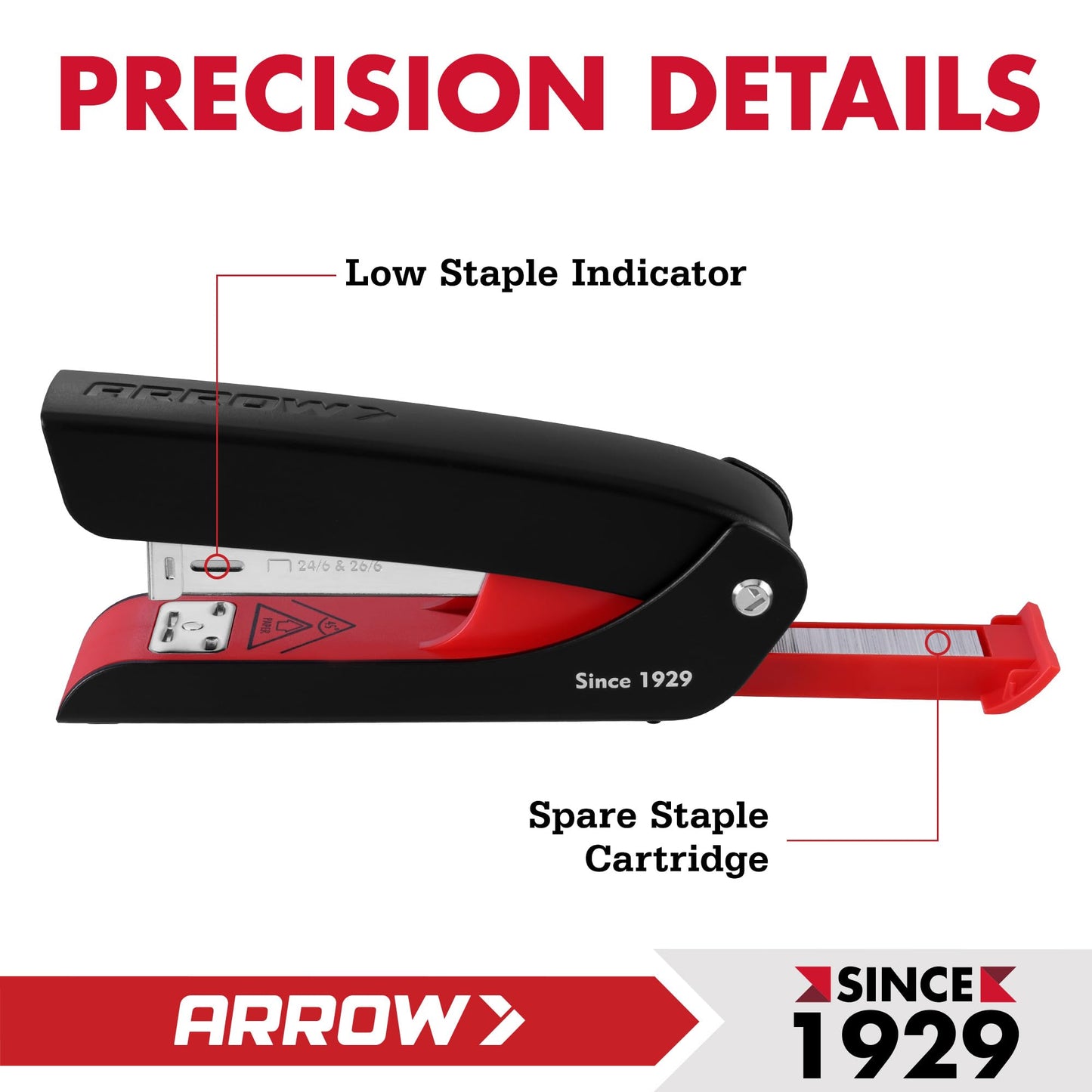 Arrow Office Stapler Set, 25 Sheet Capacity Metal Desk Staplers with 2100 Staples and Staple Remover, Half Strip Design and Non-Slip Base, Spare Staple Storage for Classroom, Office and Home, 2 Pack